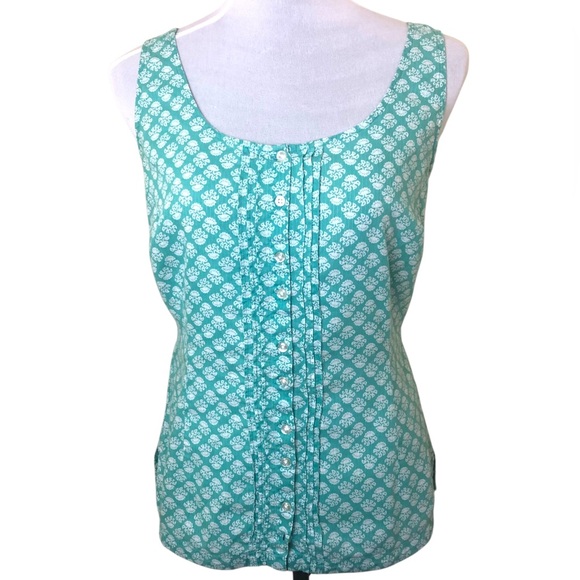 Eddie Bauer Tops - Eddie Bauer Sleeveless Cotton Button Up Shirt Teal Cream Floral Tank Top Size XS